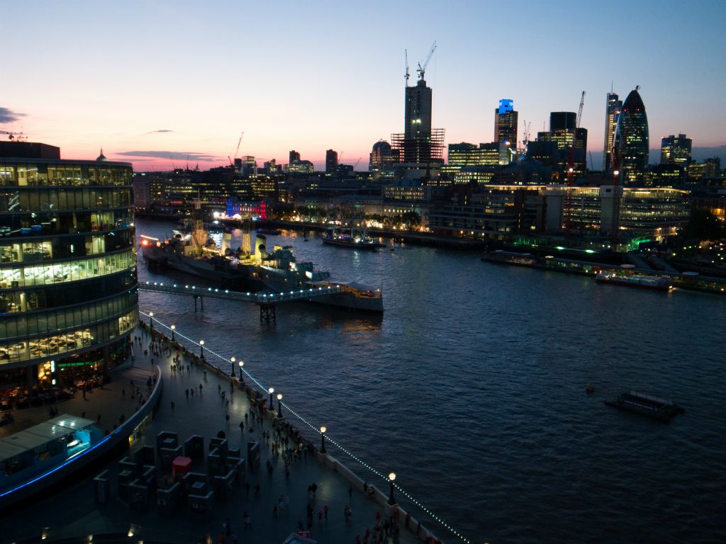 HMS Belfast on the River Thames in London taken from the City Hall.