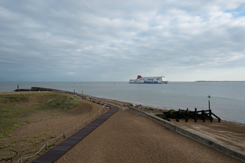 The Stena Line ferry from hook of holland to Harwich Harbour. Photographed from a pill box at Felixstowe Port. Part of the European Ferries photography series by Willie Robb.